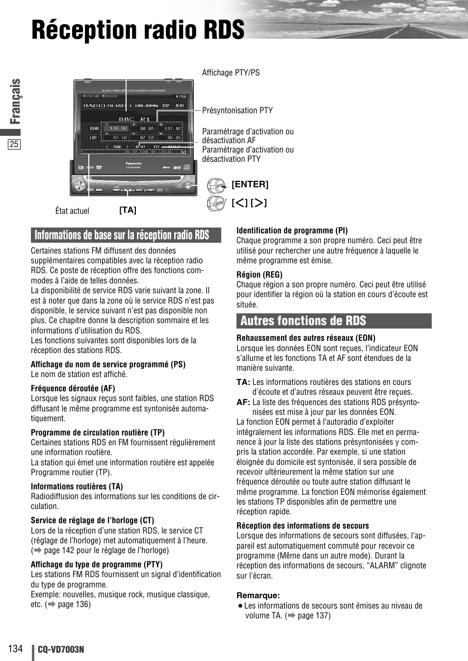 Réception radio rds, Français, Cq-vd7003n | Enter | Panasonic CQVD7003N User Manual | Page 26 / 100