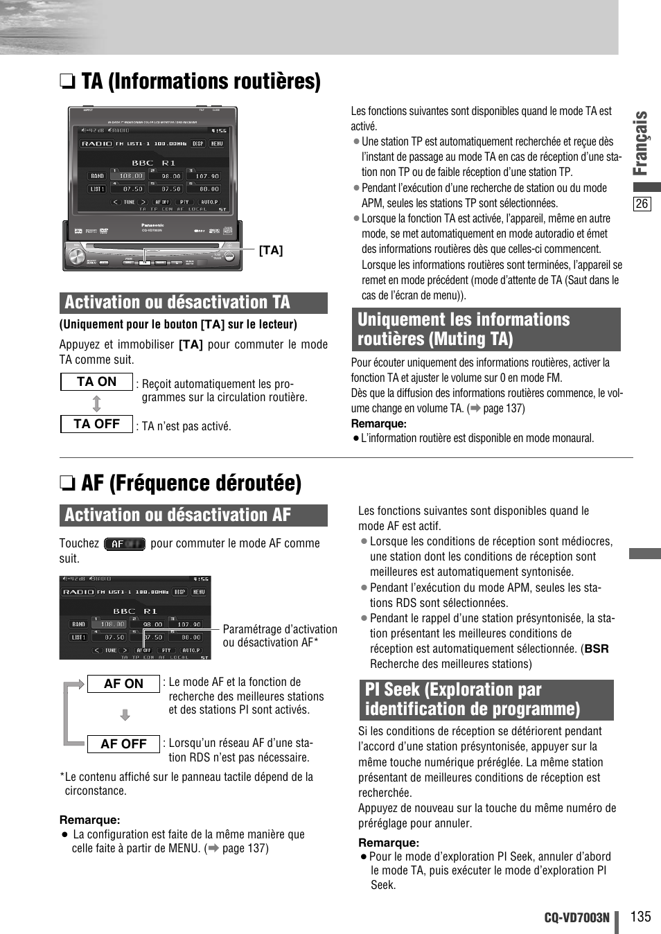 Français, Uniquement les informations routières (muting ta) | Panasonic CQVD7003N User Manual | Page 27 / 100