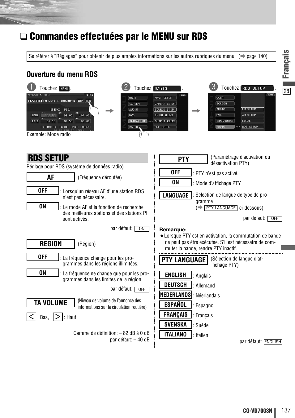 Commandes effectuées par le menu sur rds, Rds setup, Français | Ouverture du menu rds, Ta volume, Region, Pty language | Panasonic CQVD7003N User Manual | Page 29 / 100