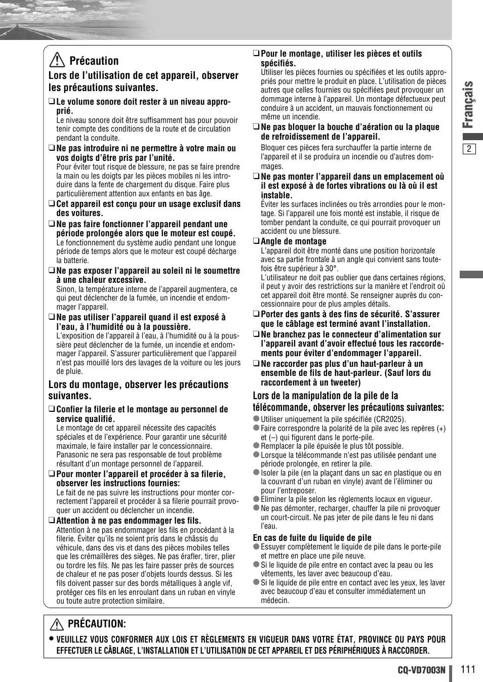 Français, Précaution | Panasonic CQVD7003N User Manual | Page 3 / 100