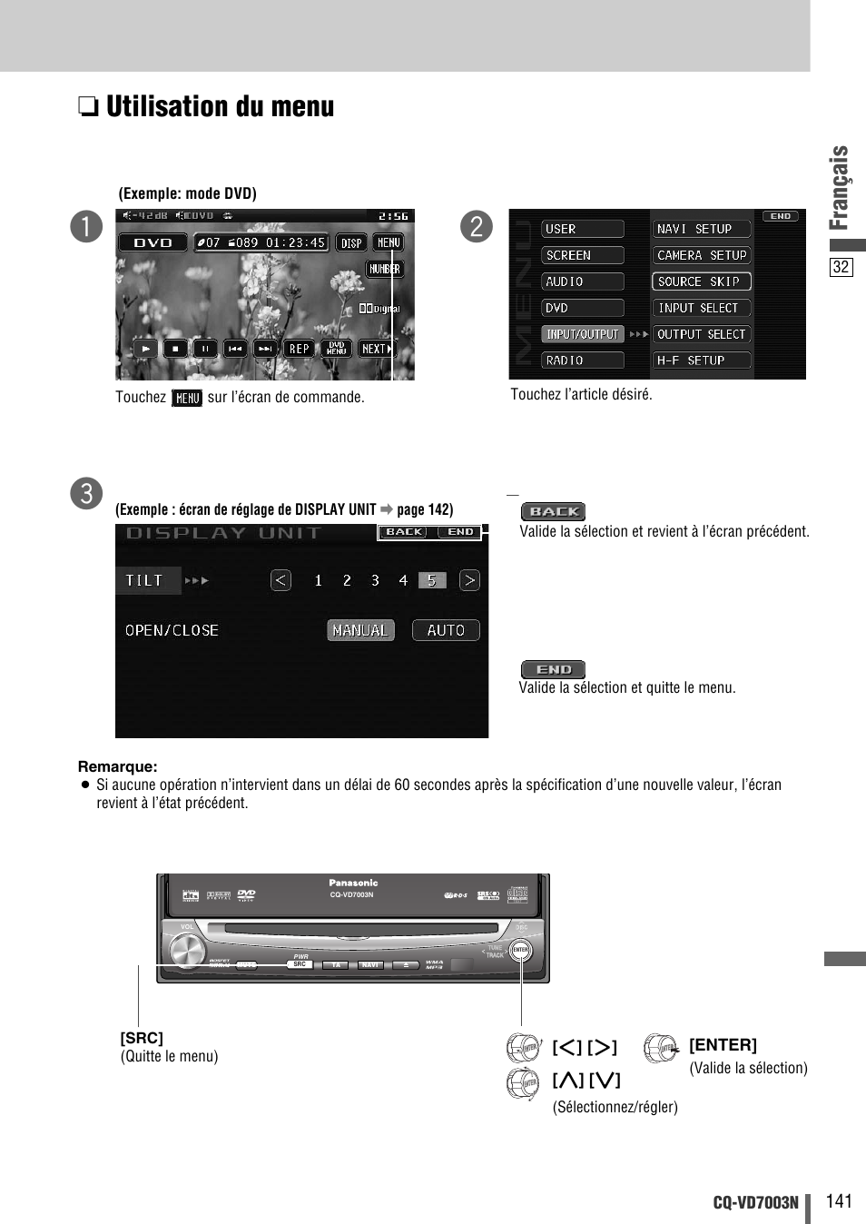 Utilisation du menu, Français, Cq-vd7003n | Enter | Panasonic CQVD7003N User Manual | Page 33 / 100