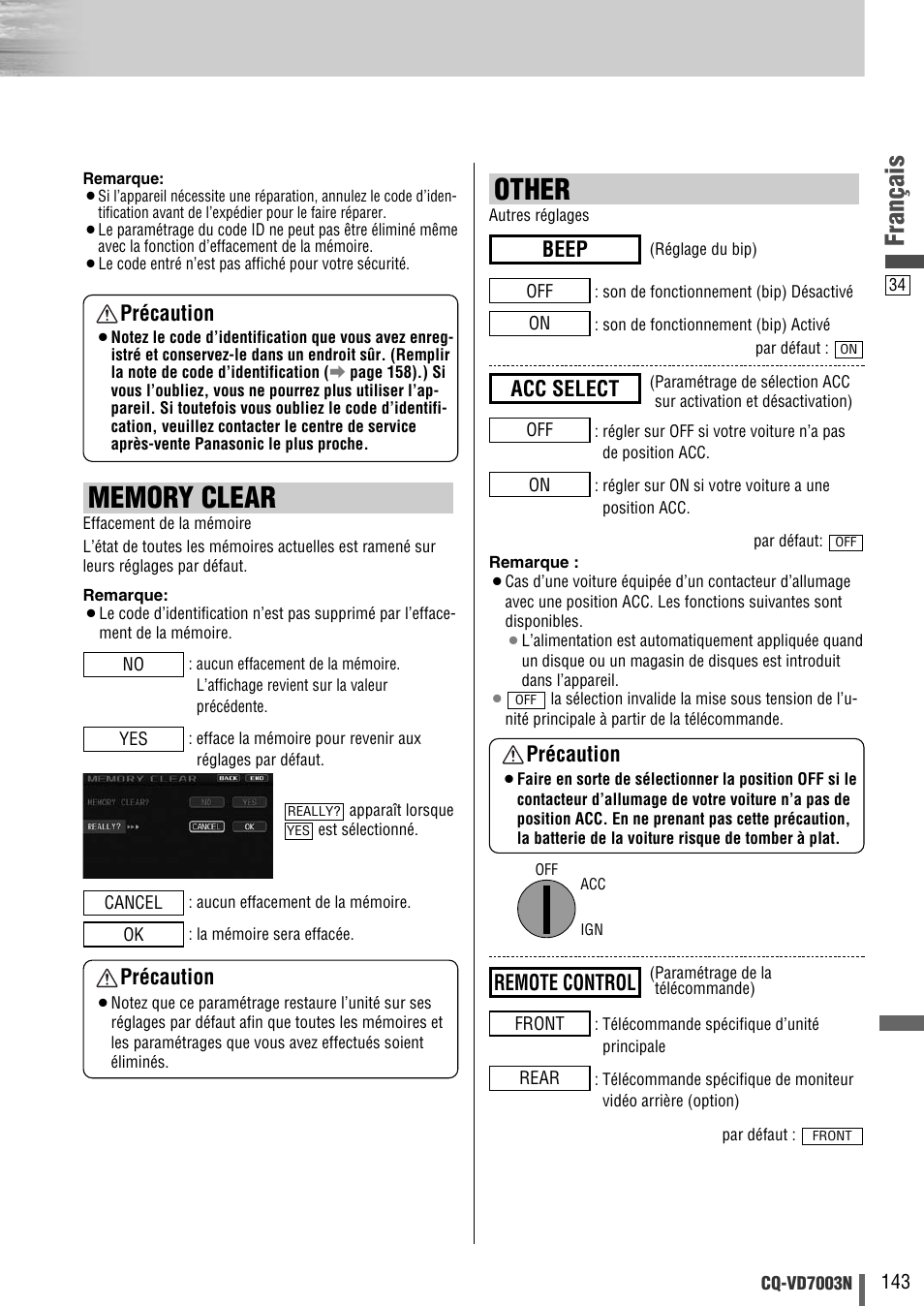 Other, Français, Remote control | Acc select, Beep précaution, Précaution | Panasonic CQVD7003N User Manual | Page 35 / 100