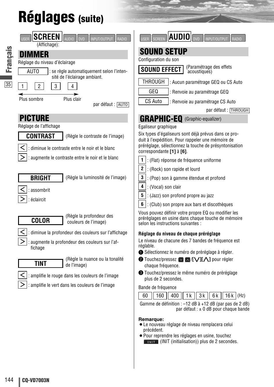 Réglages, Suite), Dimmer | Picture, Graphic-eq, Sound setup, Audio, Screen, Français, Contrast | Panasonic CQVD7003N User Manual | Page 36 / 100