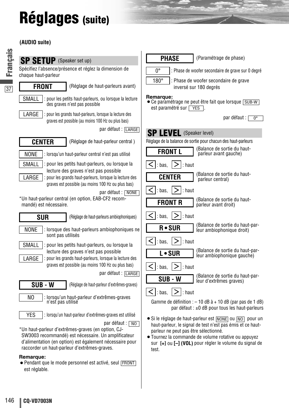 Réglages, Suite), Sp level | Sp setup, Français, Sub - w, Front r, Center, Front l, Phase | Panasonic CQVD7003N User Manual | Page 38 / 100