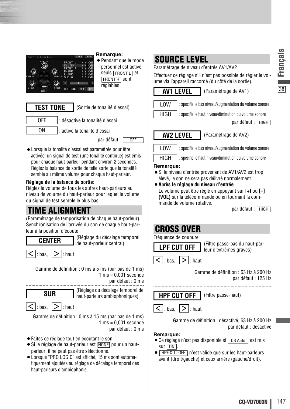 Cross over, Time alignment, Source level | Français, Test tone, Hpf cut off, Lpf cut off, Center, Av2 level, Av1 level | Panasonic CQVD7003N User Manual | Page 39 / 100