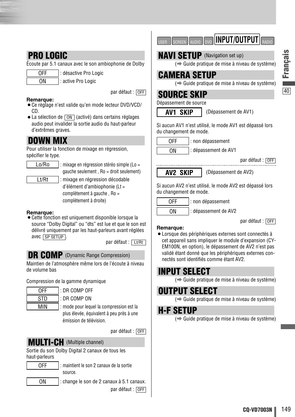 Pro logic, Down mix, Multi-ch | Dr comp, Navi setup, Camera setup, Source skip, Input select, Output select, H-f setup | Panasonic CQVD7003N User Manual | Page 41 / 100