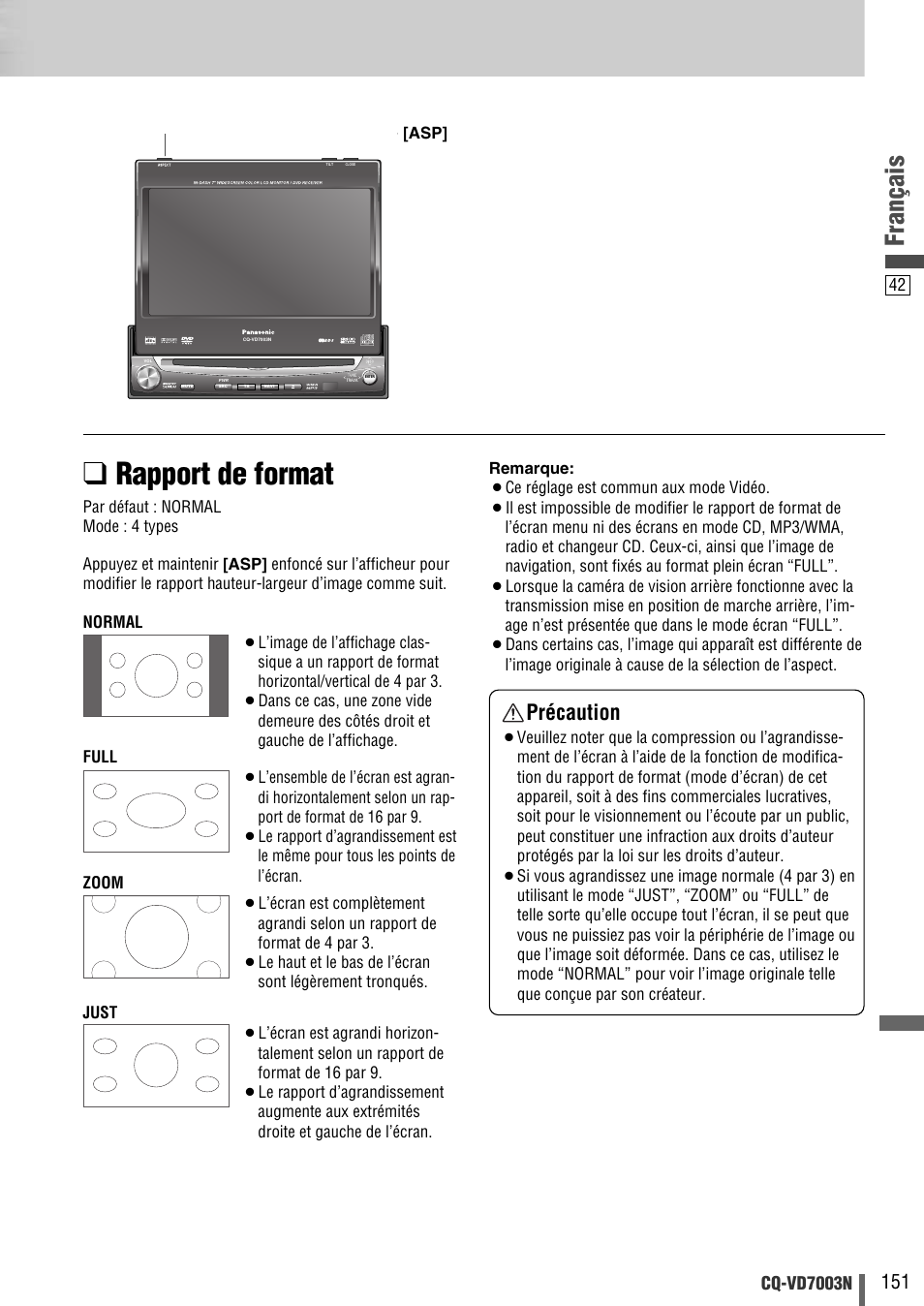 Rapport de format, Français, Précaution | Cq-vd7003n | Panasonic CQVD7003N User Manual | Page 43 / 100