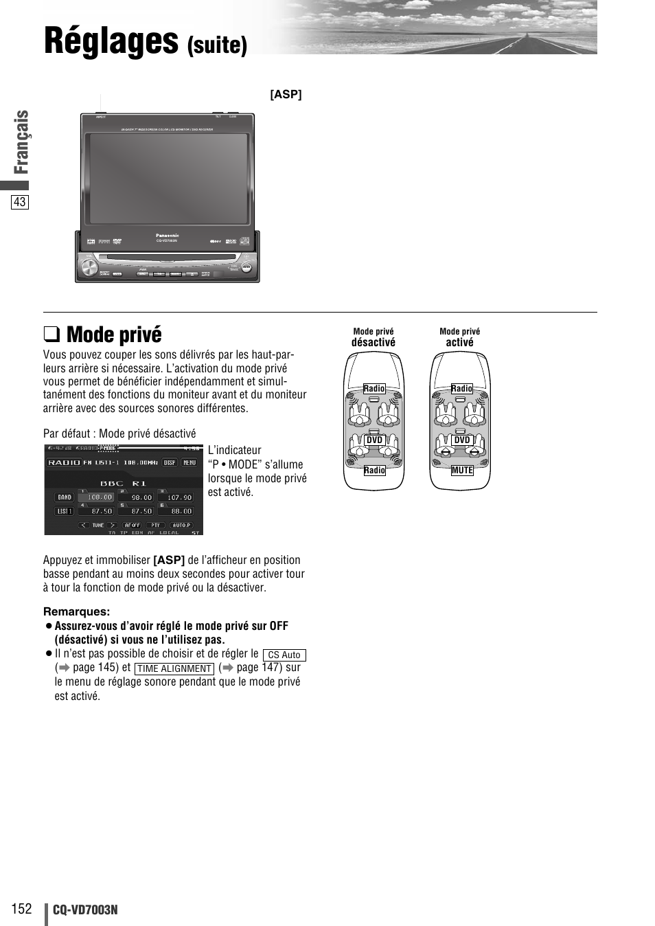 Réglages, Suite), Mode privé | Français, Cq-vd7003n, Par défaut : mode privé désactivé | Panasonic CQVD7003N User Manual | Page 44 / 100