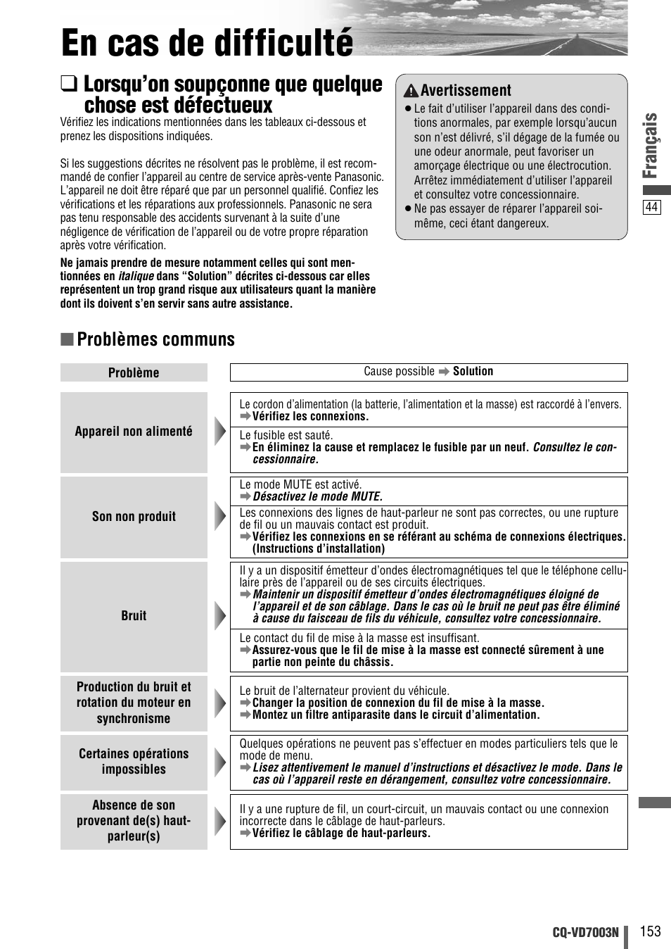 En cas de difficulté, Français, Problèmes communs | Panasonic CQVD7003N User Manual | Page 45 / 100