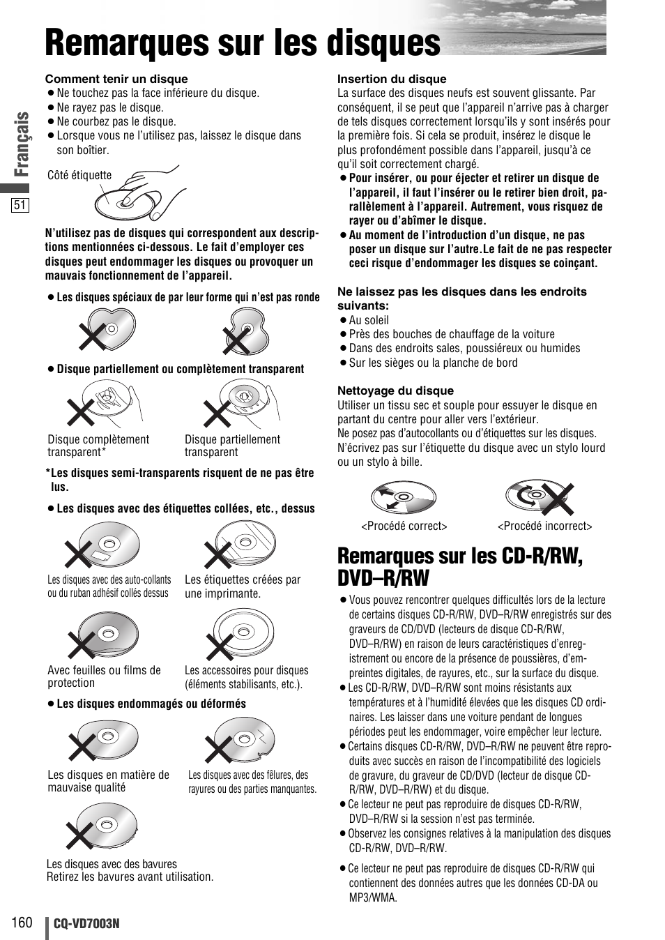 Remarques sur les disques, Remarques sur les cd-r/rw, dvd–r/rw, Français | Panasonic CQVD7003N User Manual | Page 52 / 100