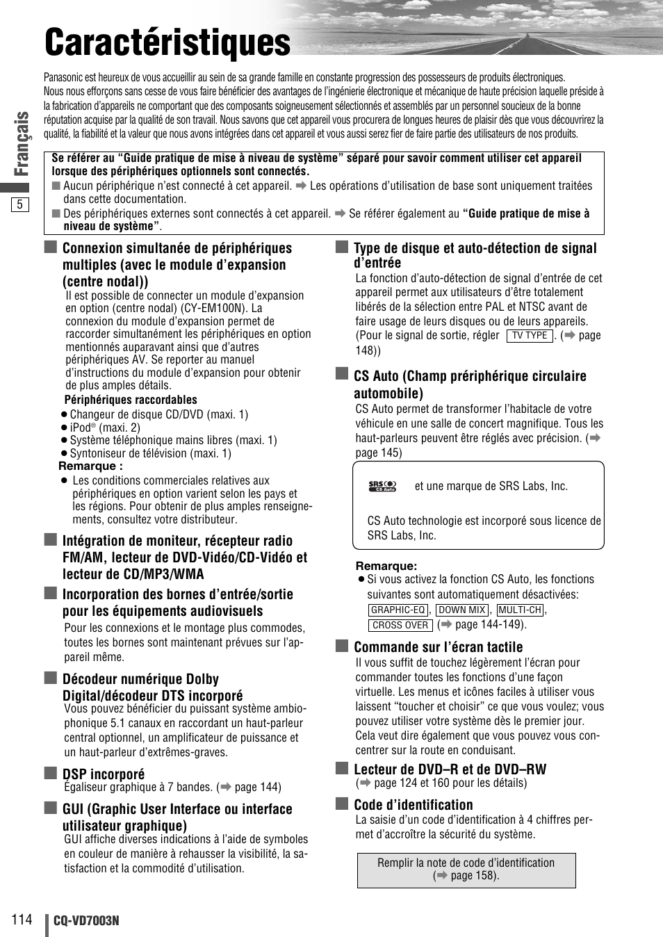 Caractéristiques, Français | Panasonic CQVD7003N User Manual | Page 6 / 100