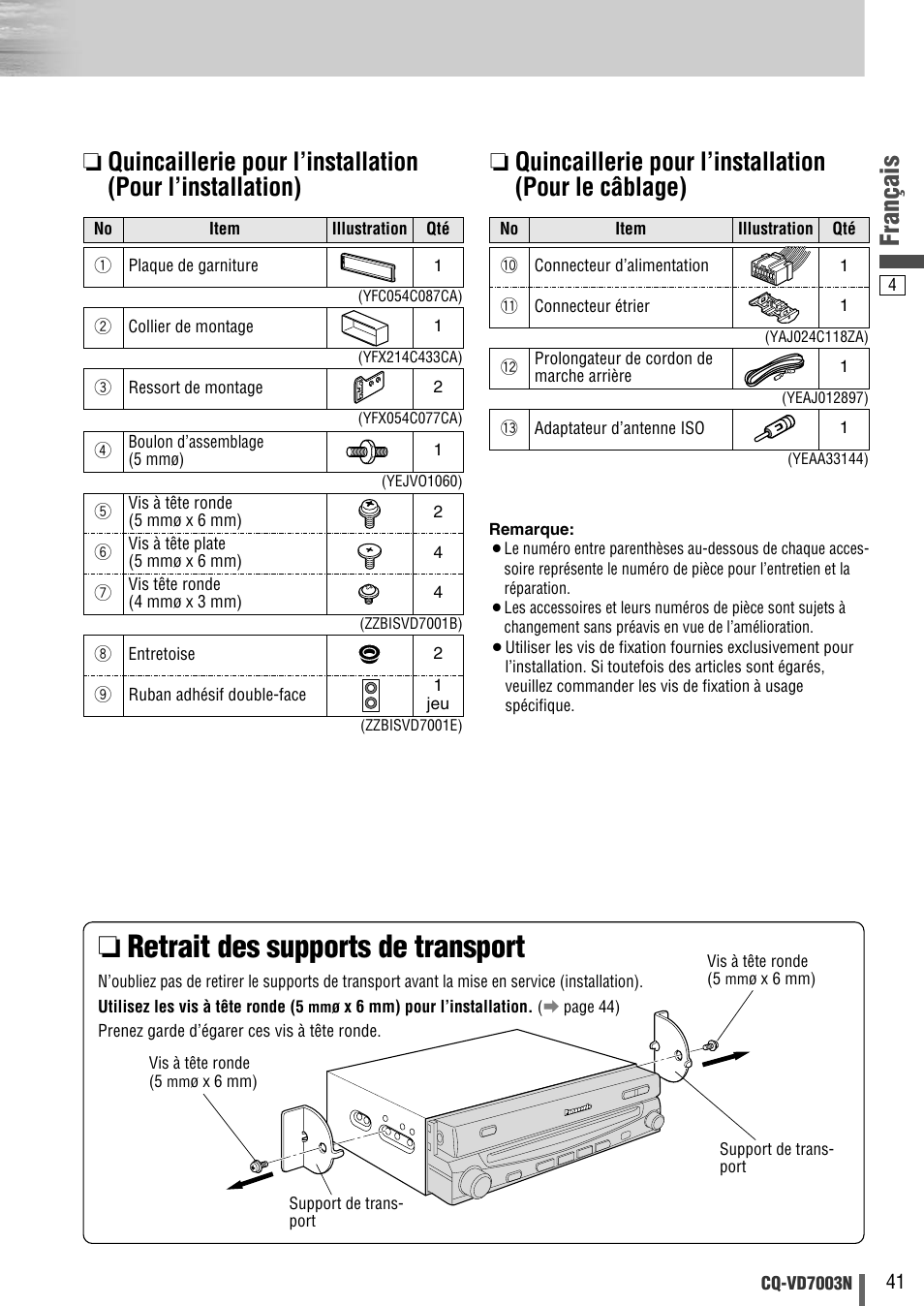 Retrait des supports de transport, Français | Panasonic CQVD7003N User Manual | Page 61 / 100