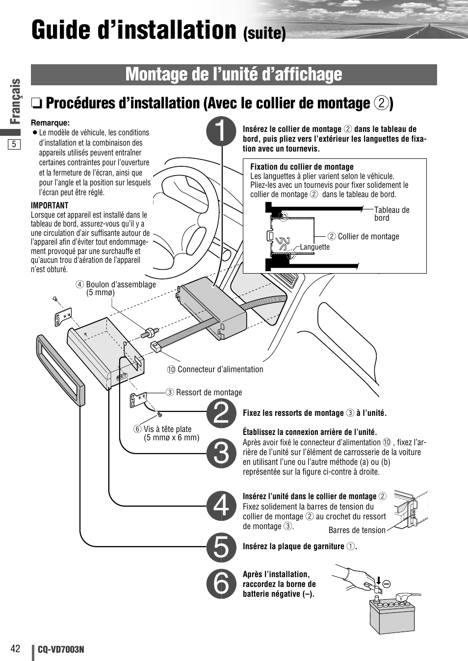 Guide d’installation, Montage de l’unité d’affichage, Suite) | Français | Panasonic CQVD7003N User Manual | Page 62 / 100