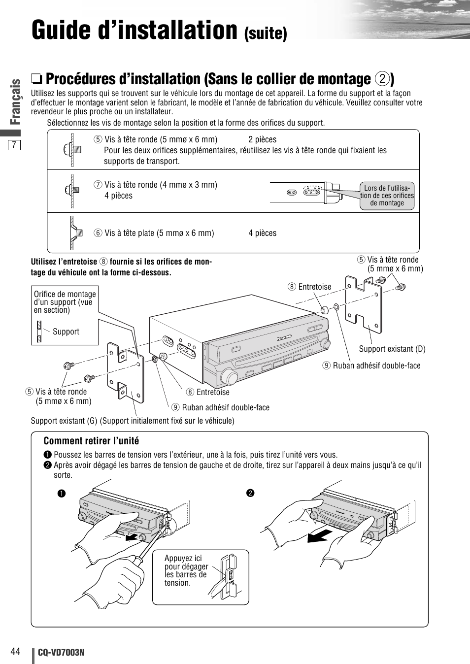 Guide d’installation, Suite), Français | Panasonic CQVD7003N User Manual | Page 64 / 100