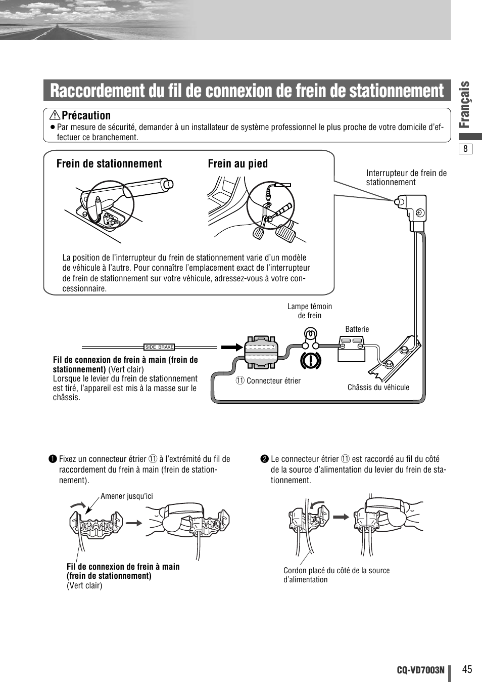 Français, Précaution, Frein de stationnement frein au pied | Panasonic CQVD7003N User Manual | Page 65 / 100