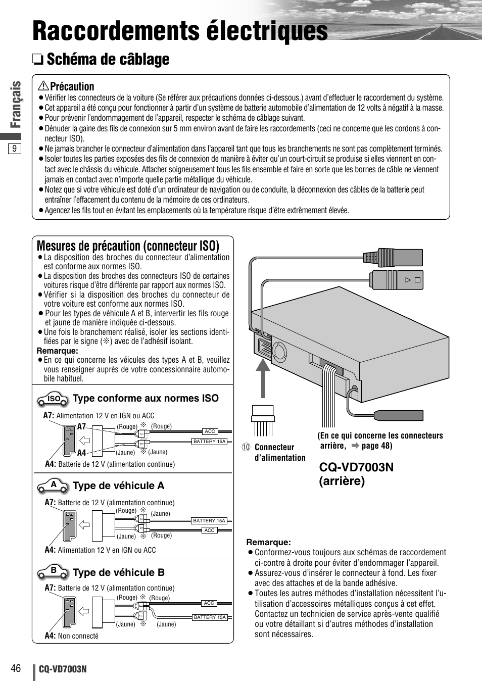 Raccordements électriques, Schéma de câblage, Français | Mesures de précaution (connecteur iso), Cq-vd7003n (arrière), Précaution | Panasonic CQVD7003N User Manual | Page 66 / 100