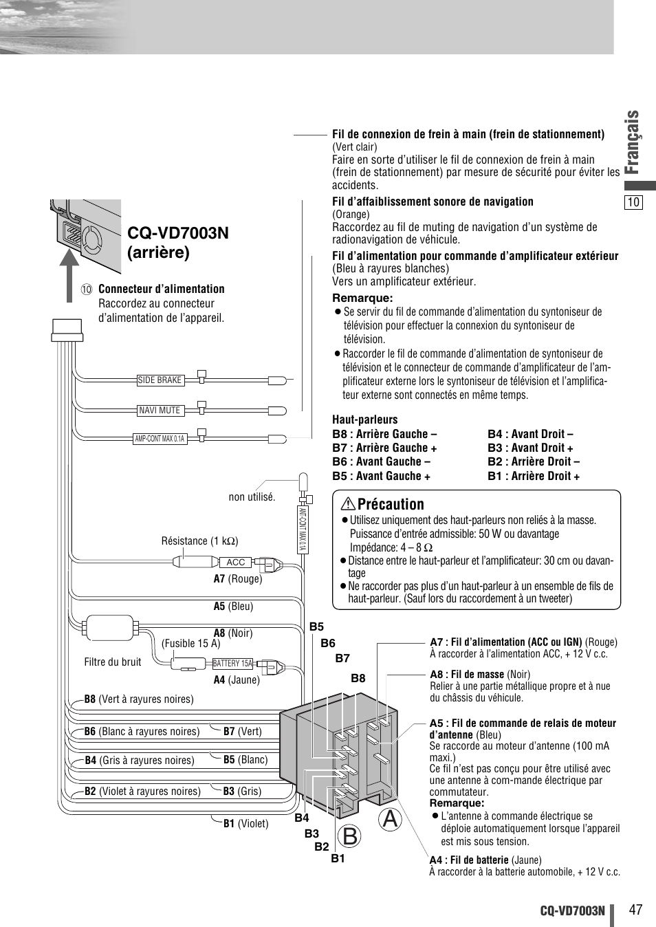 Français, Cq-vd7003n (arrière), Précaution | Panasonic CQVD7003N User Manual | Page 67 / 100