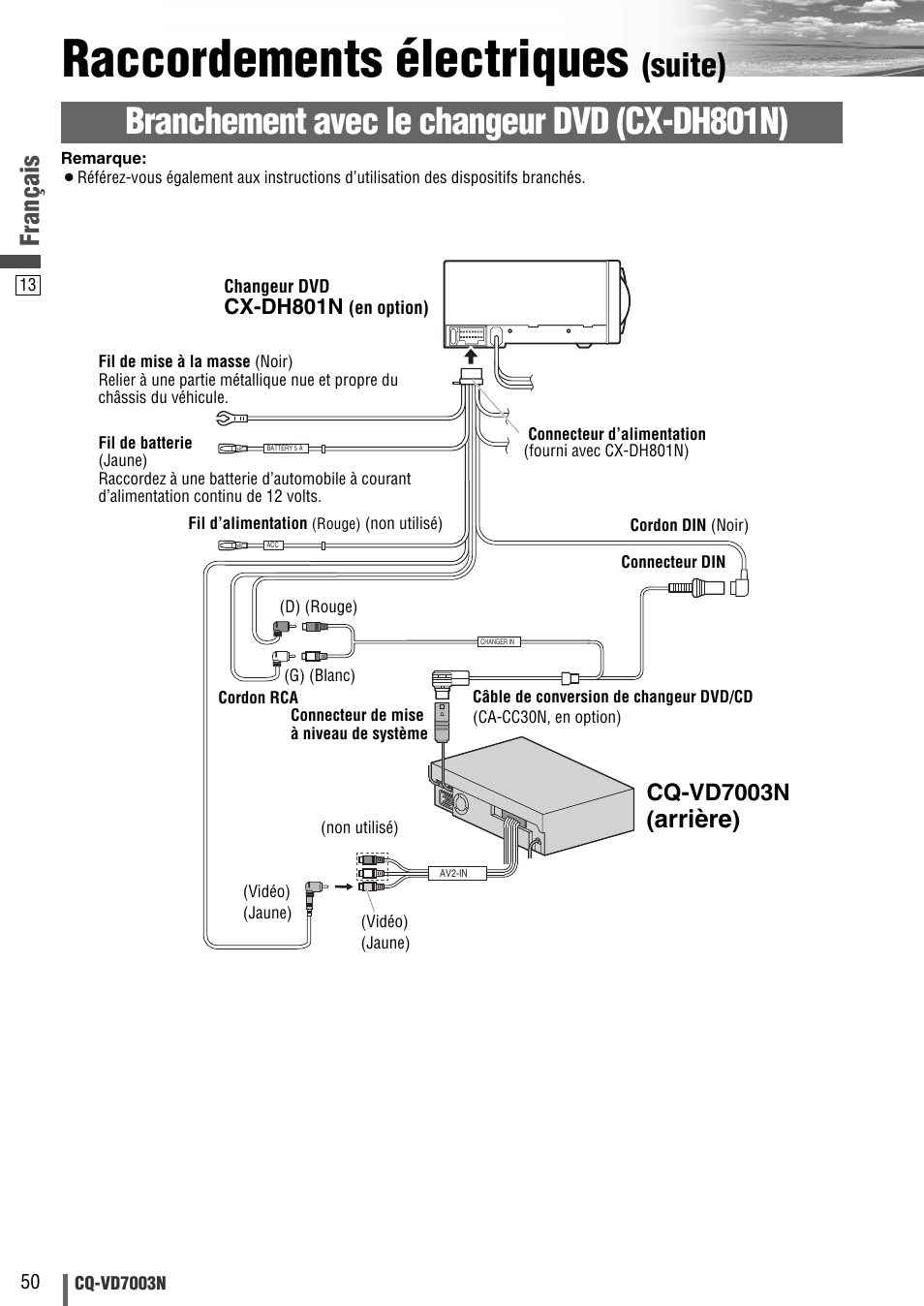 Raccordements électriques, Branchement avec le changeur dvd (cx-dh801n), Suite) | Français, Arrière, Cq-vd7003n | Panasonic CQVD7003N User Manual | Page 70 / 100