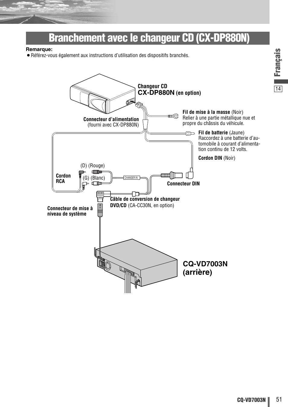 Branchement avec le changeur cd (cx-dp880n), Français, Arrière | Cq-vd7003n | Panasonic CQVD7003N User Manual | Page 71 / 100