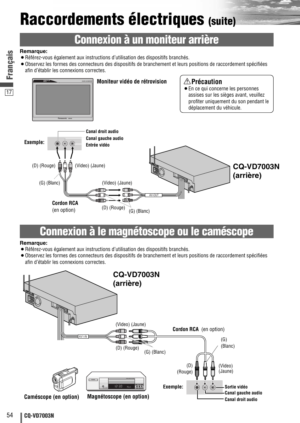 Raccordements électriques, Connexion à un moniteur arrière, Connexion à le magnétoscope ou le caméscope | Suite), Français, Cq-vd7003n (arrière), Précaution | Panasonic CQVD7003N User Manual | Page 74 / 100