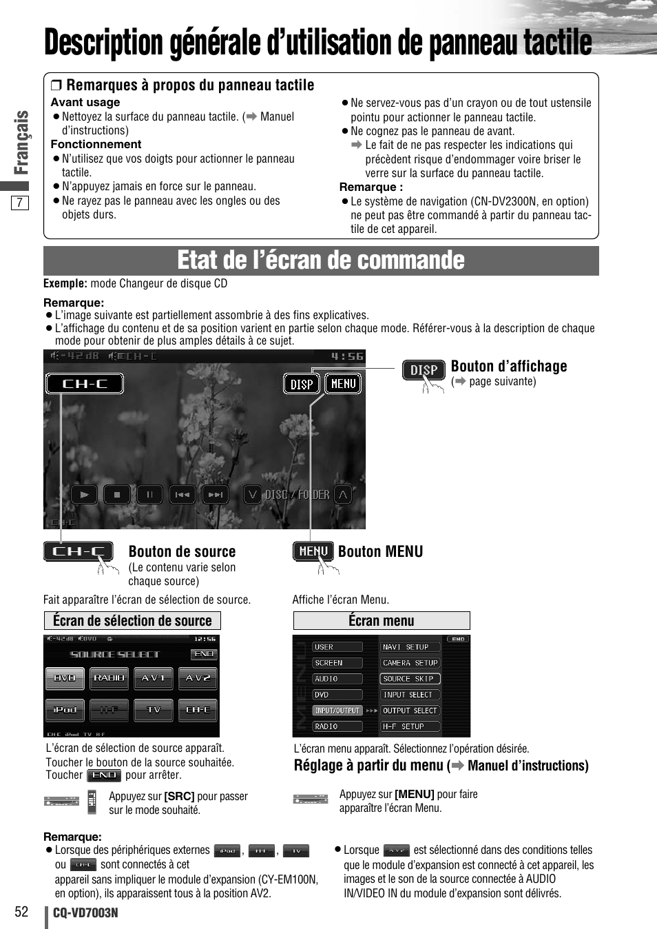 Etat de l’écran de commande, Français | Panasonic CQVD7003N User Manual | Page 84 / 100