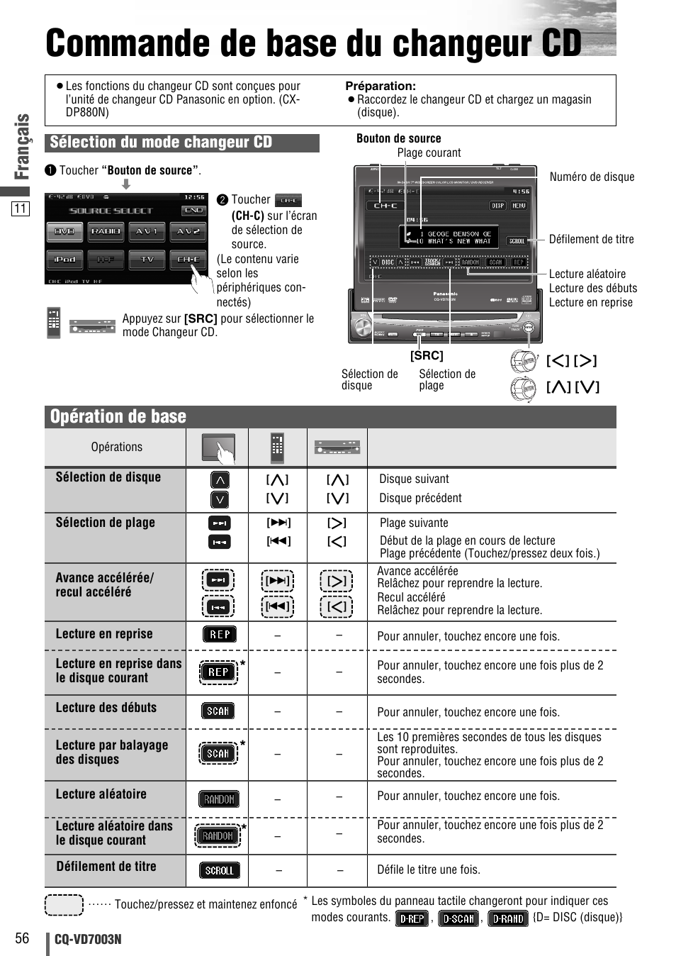 Commande de base du changeur cd, Français, Opération de base | Sélection du mode changeur cd | Panasonic CQVD7003N User Manual | Page 88 / 100