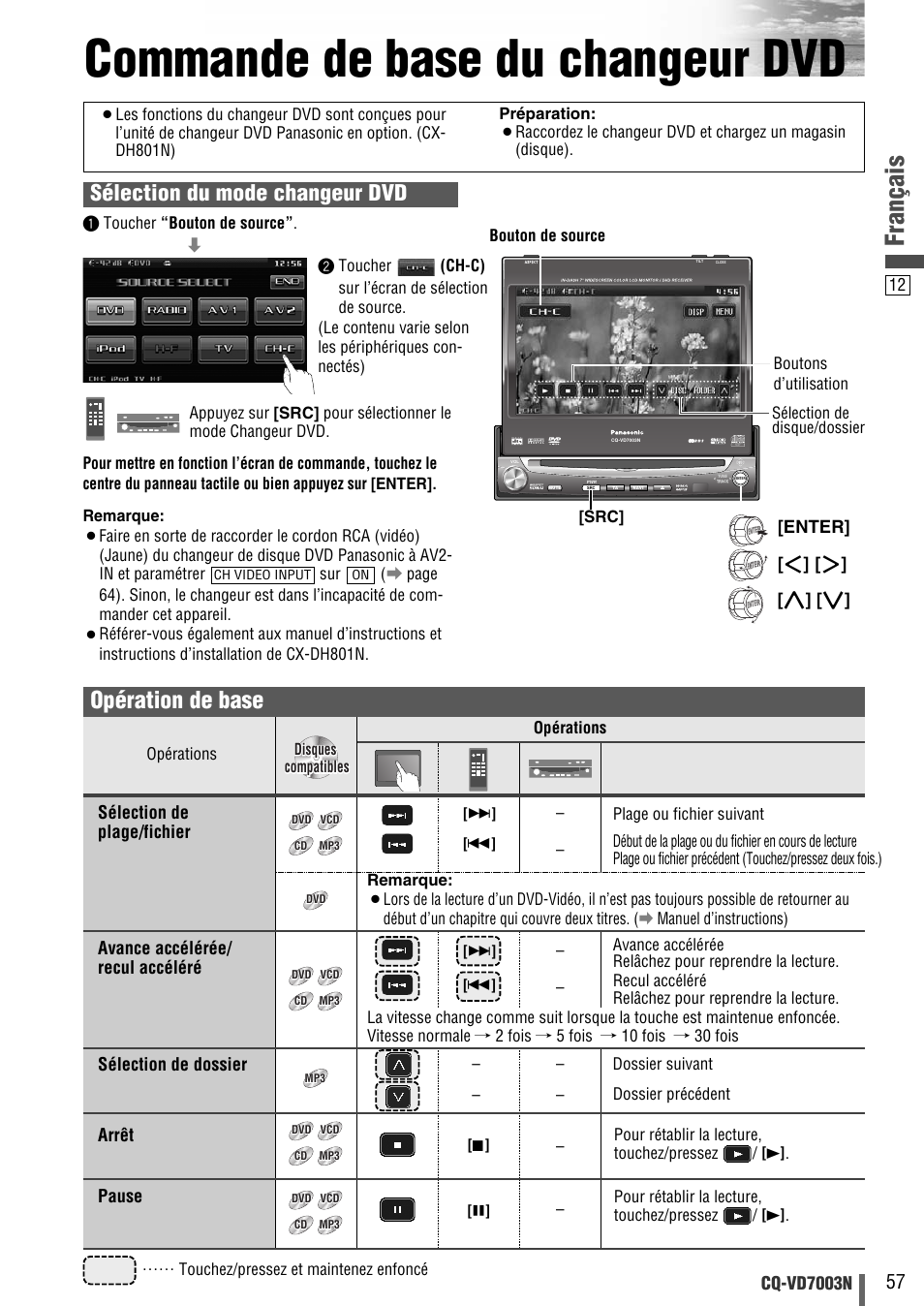 Commande de base du changeur dvd, Français, Opération de base | Sélection du mode changeur dvd, Cq-vd7003n, Sélection de dossier, Arrêt, Pause, Enter, Remarque | Panasonic CQVD7003N User Manual | Page 89 / 100