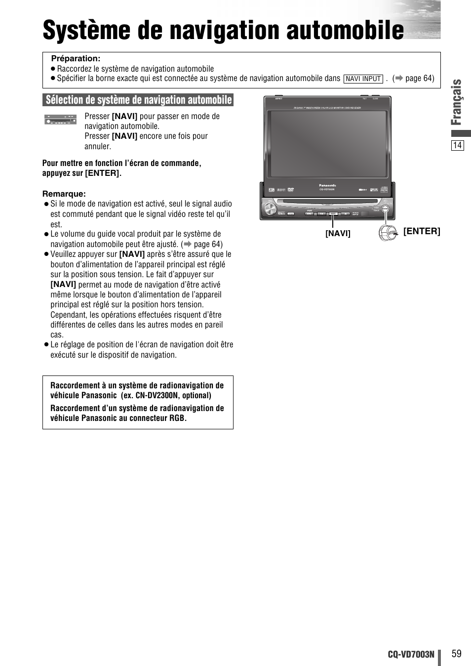 Système de navigation automobile, Français, Sélection de système de navigation automobile | Cq-vd7003n, Enter | Panasonic CQVD7003N User Manual | Page 91 / 100