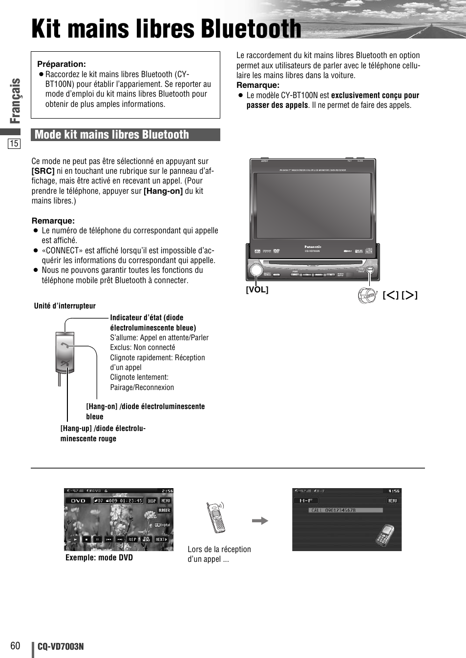 Kit mains libres bluetooth, Français, Mode kit mains libres bluetooth | Cq-vd7003n | Panasonic CQVD7003N User Manual | Page 92 / 100