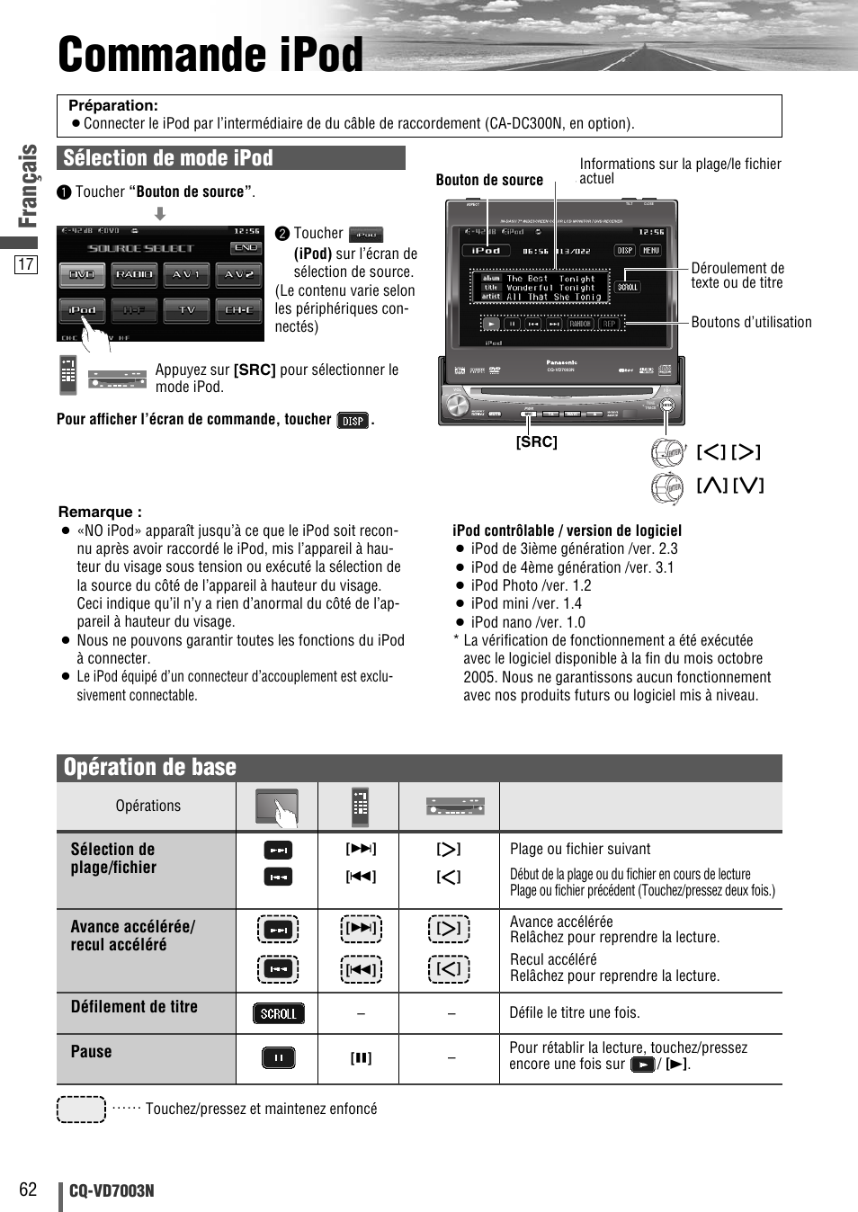 Commande ipod, Français, Opération de base | Sélection de mode ipod, Cq-vd7003n, Sélection de plage/fichier, Pause | Panasonic CQVD7003N User Manual | Page 94 / 100