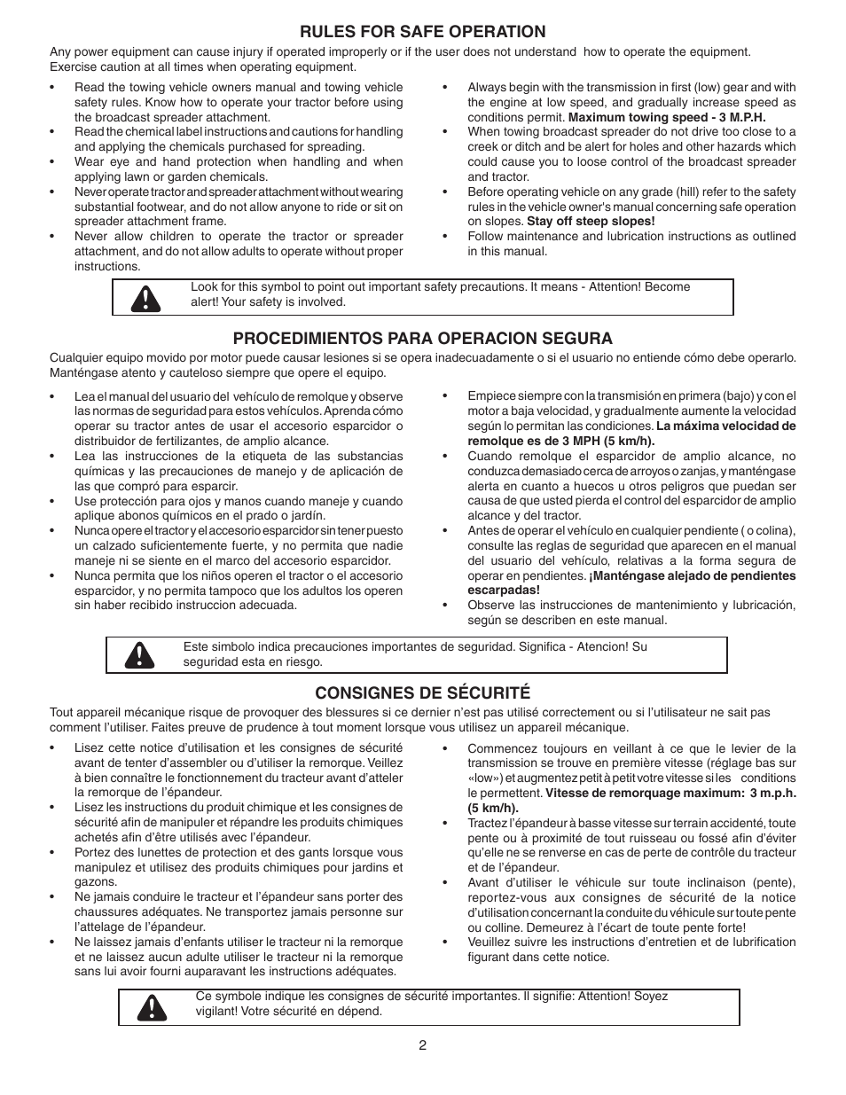 Procedimientos para operacion segura, Consignes de sécurité, Rules for safe operation | Agri-Fab 45-03152 User Manual | Page 2 / 12