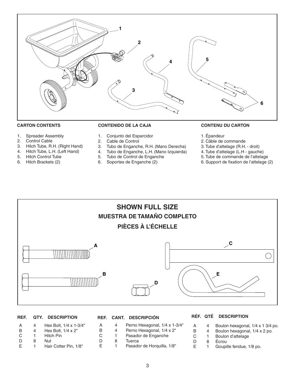 Shown full size, Muestra de tamaño completo, Pièces à l’échelle | Agri-Fab 45-03152 User Manual | Page 3 / 12