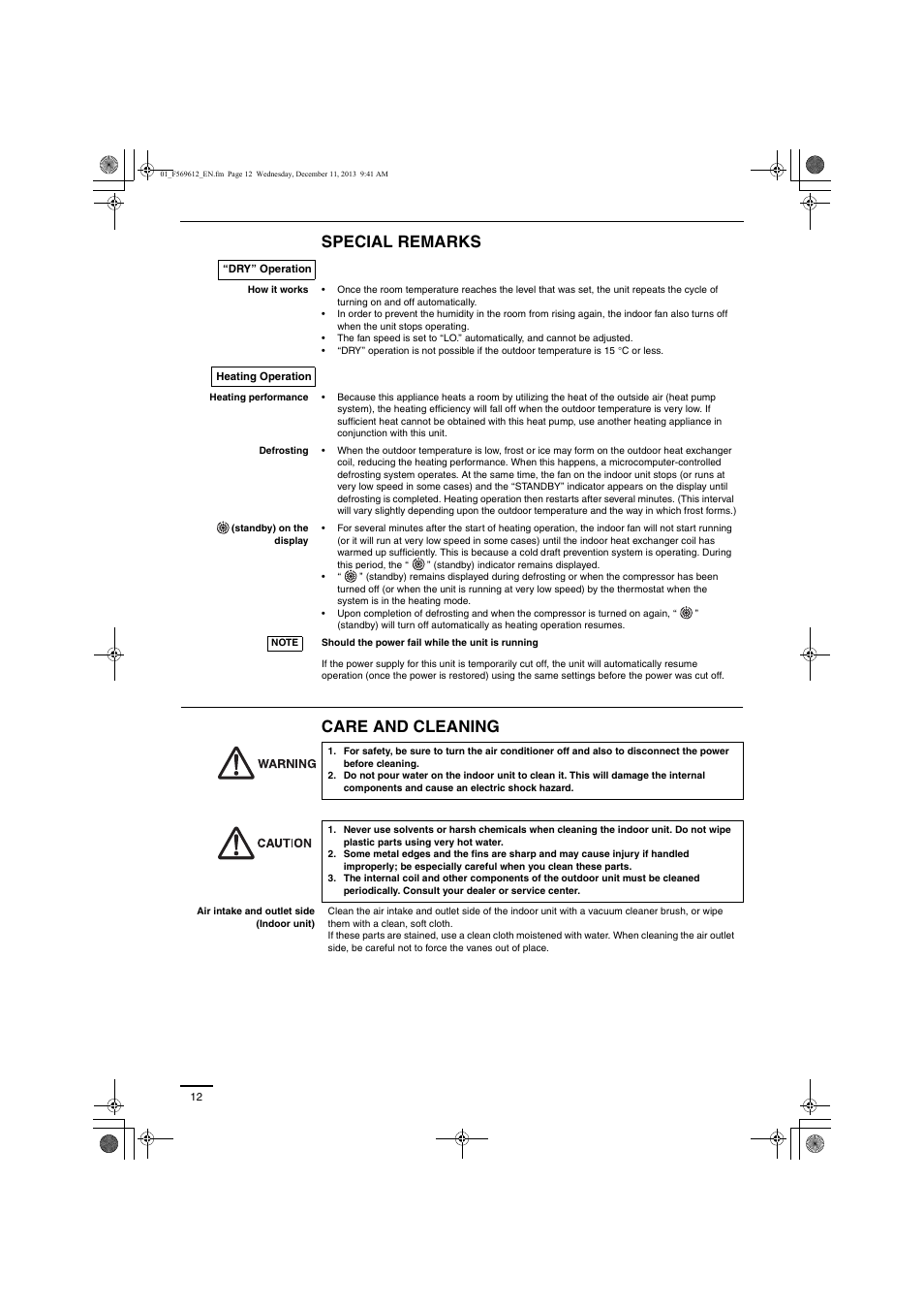 Special remarks care and cleaning | Panasonic S28MY2E5A User Manual | Page 12 / 180