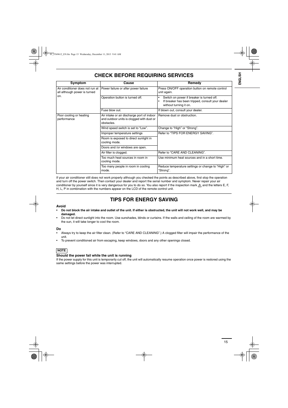 Check before requiring services, Tips for energy saving | Panasonic S28MY2E5A User Manual | Page 15 / 180