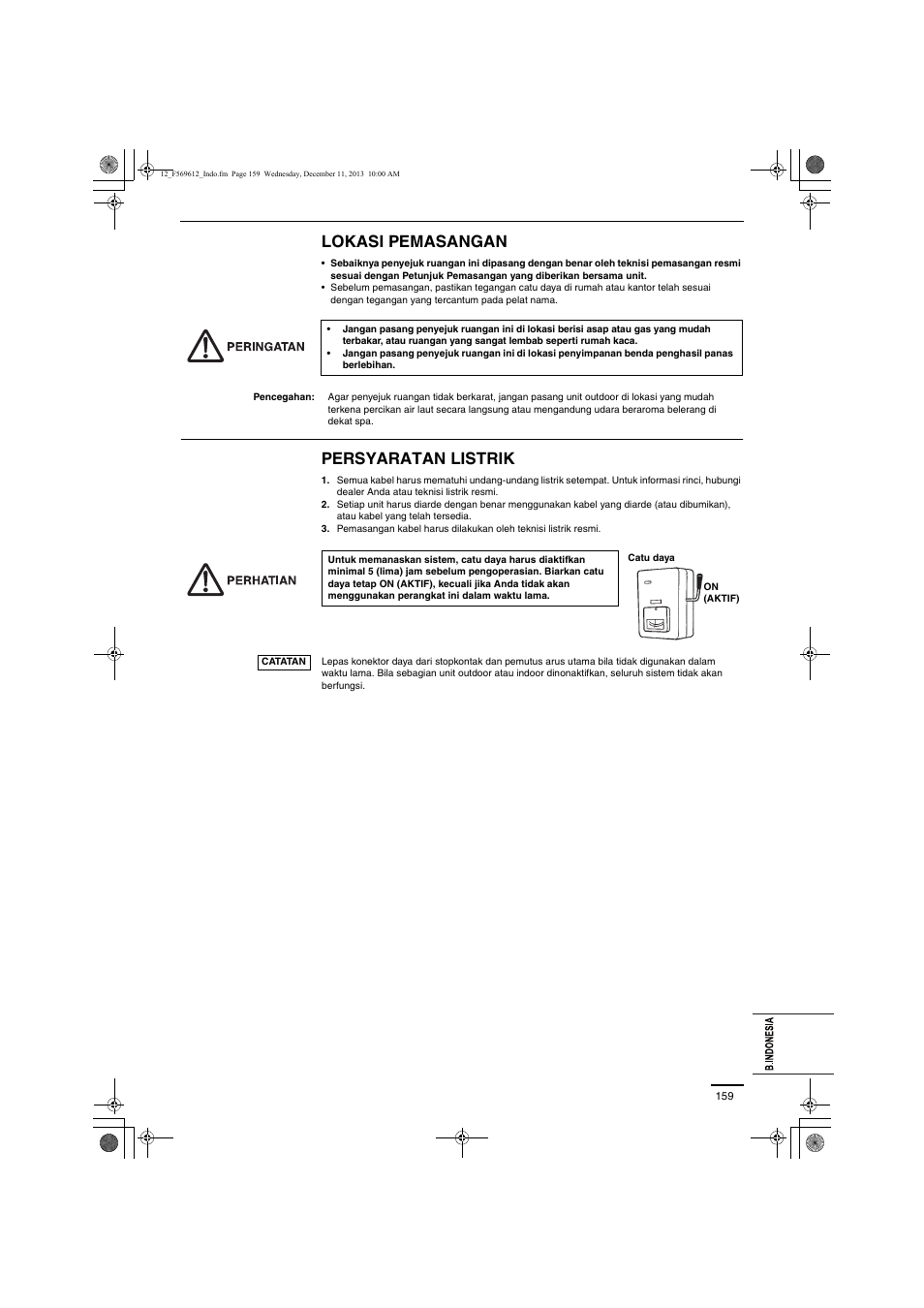 Lokasi pemasangan, Persyaratan listrik | Panasonic S28MY2E5A User Manual | Page 159 / 180