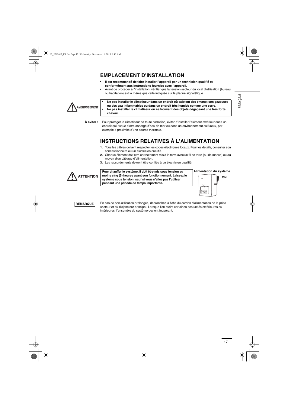 Emplacement d’installation, Instructions relatives à l’alimentation | Panasonic S28MY2E5A User Manual | Page 17 / 180