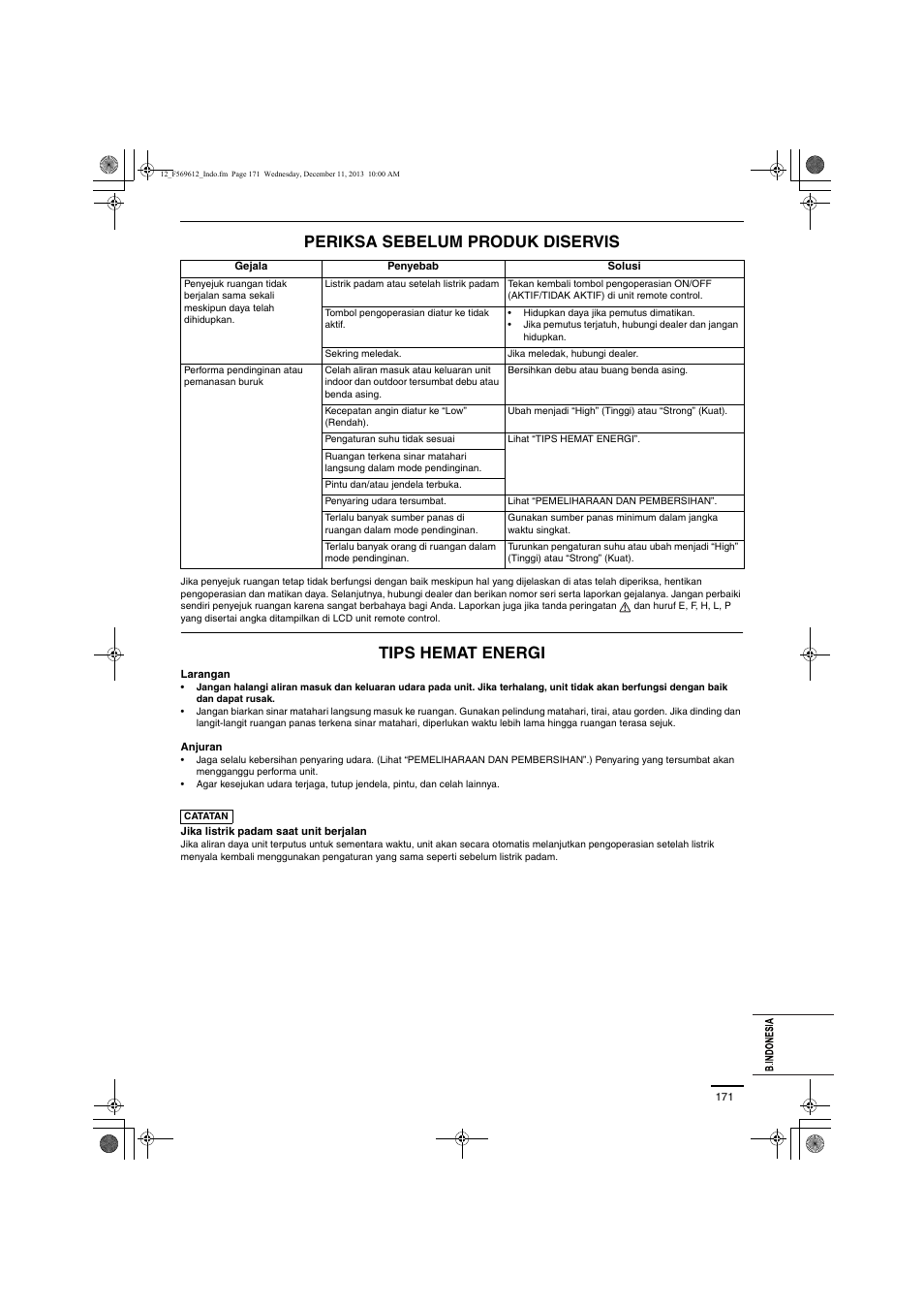 Periksa sebelum produk diservis, Tips hemat energi | Panasonic S28MY2E5A User Manual | Page 171 / 180