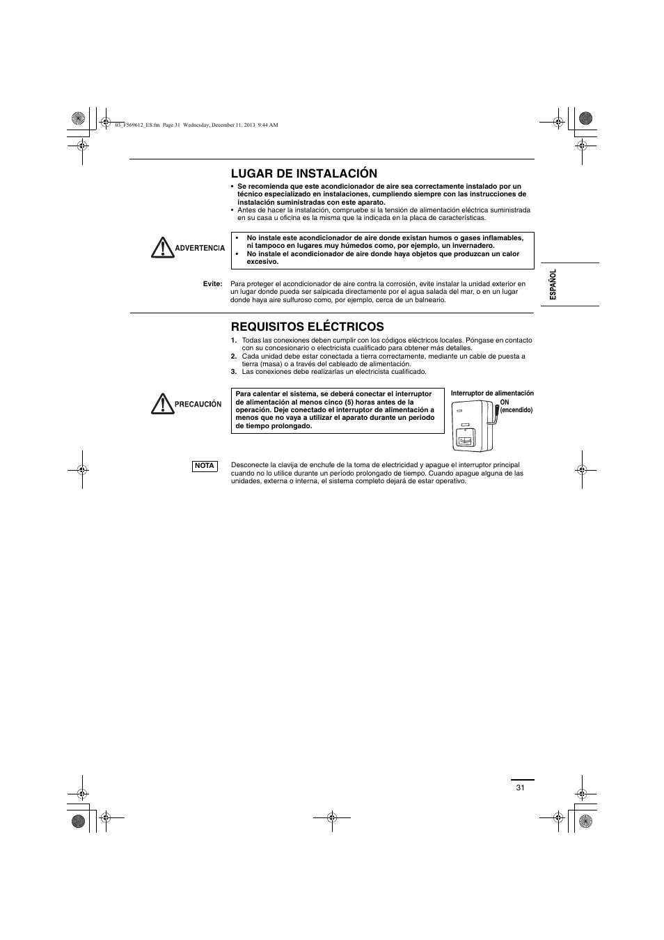 Lugar de instalación, Requisitos eléctricos | Panasonic S28MY2E5A User Manual | Page 31 / 180
