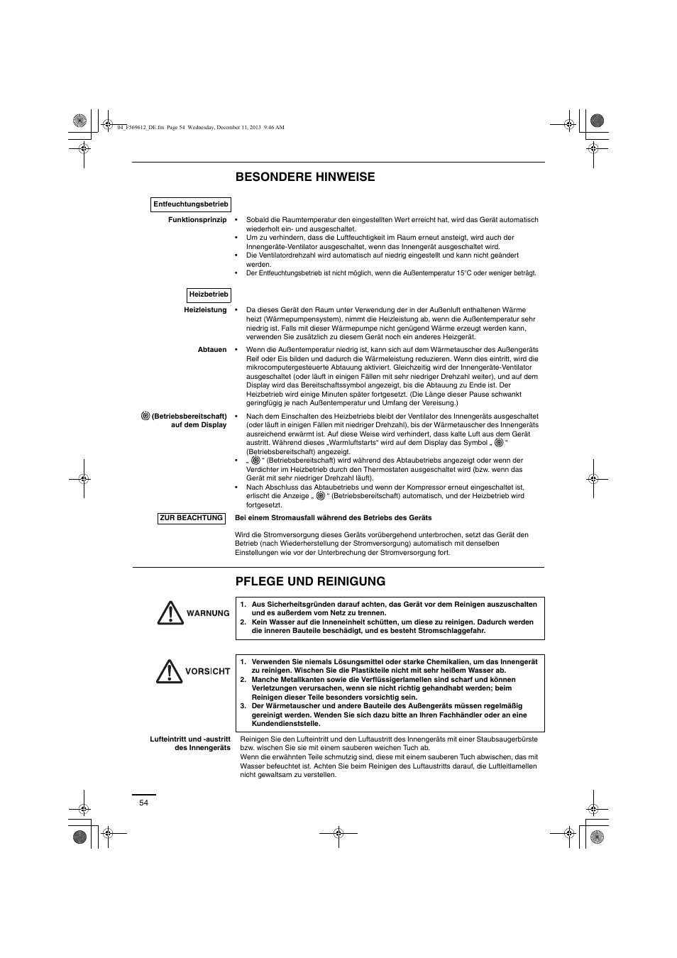 Besondere hinweise pflege und reinigung | Panasonic S28MY2E5A User Manual | Page 54 / 180