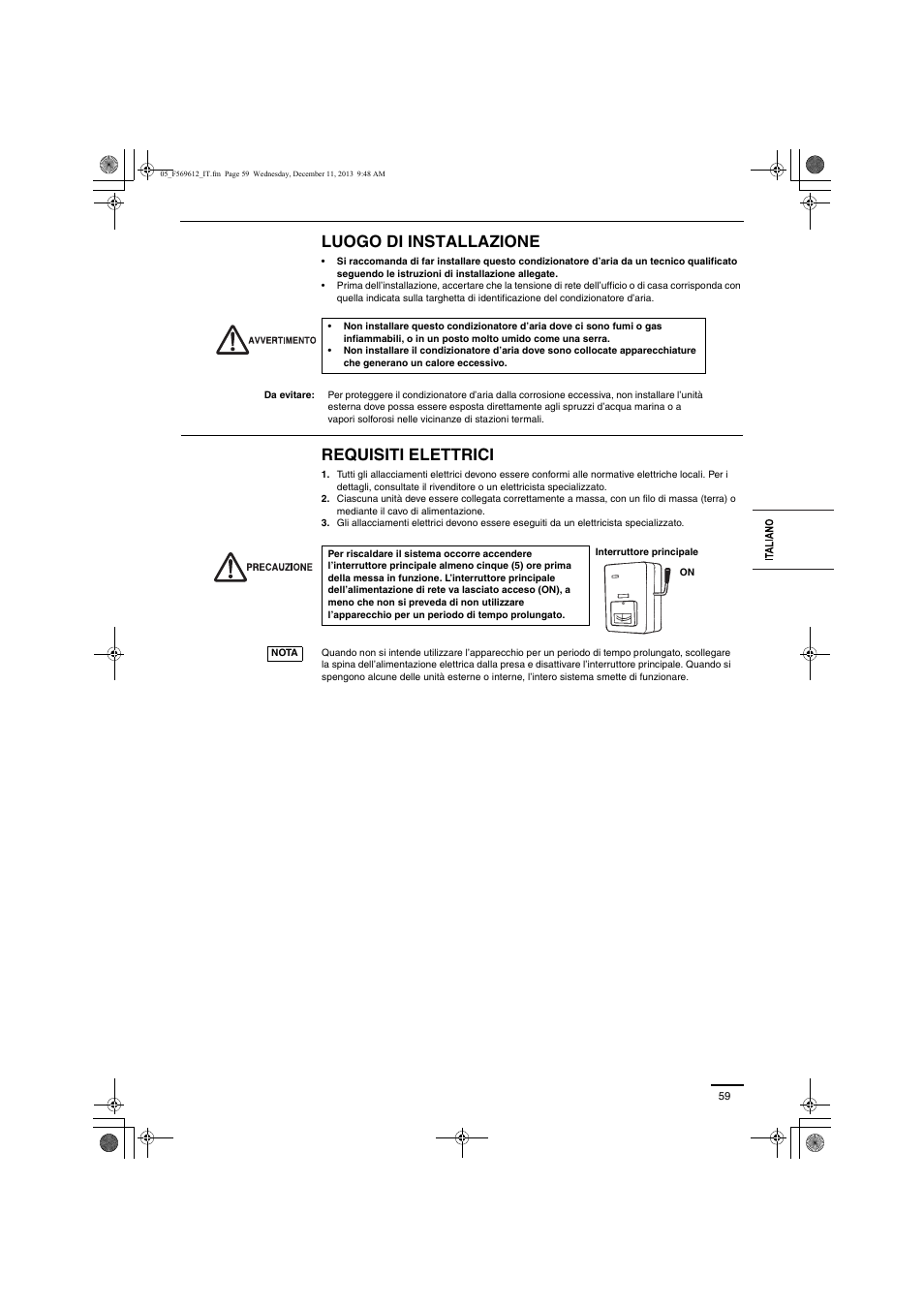 Luogo di installazione, Requisiti elettrici | Panasonic S28MY2E5A User Manual | Page 59 / 180