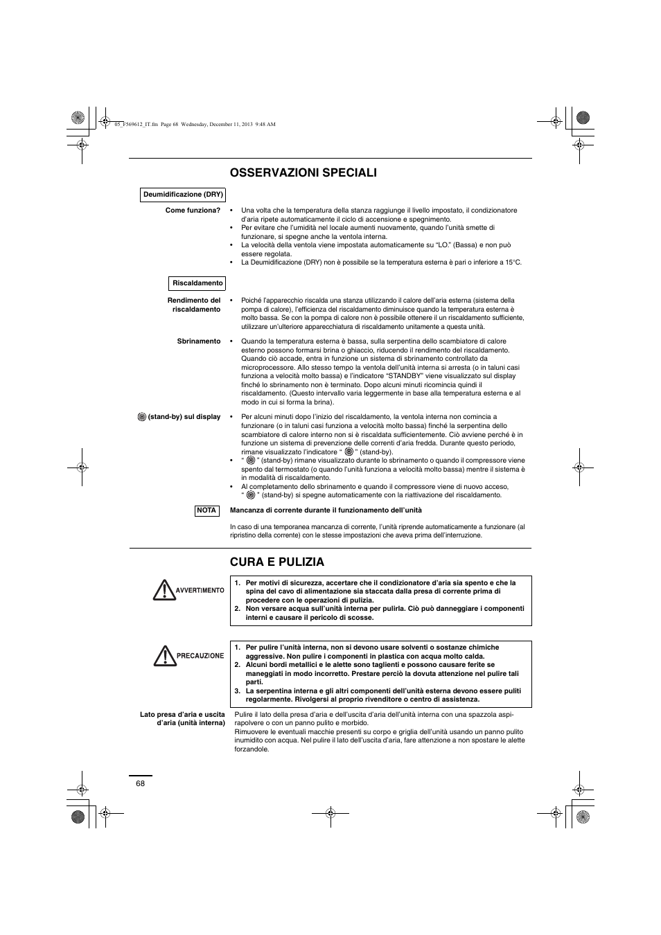 Osservazioni speciali cura e pulizia | Panasonic S28MY2E5A User Manual | Page 68 / 180