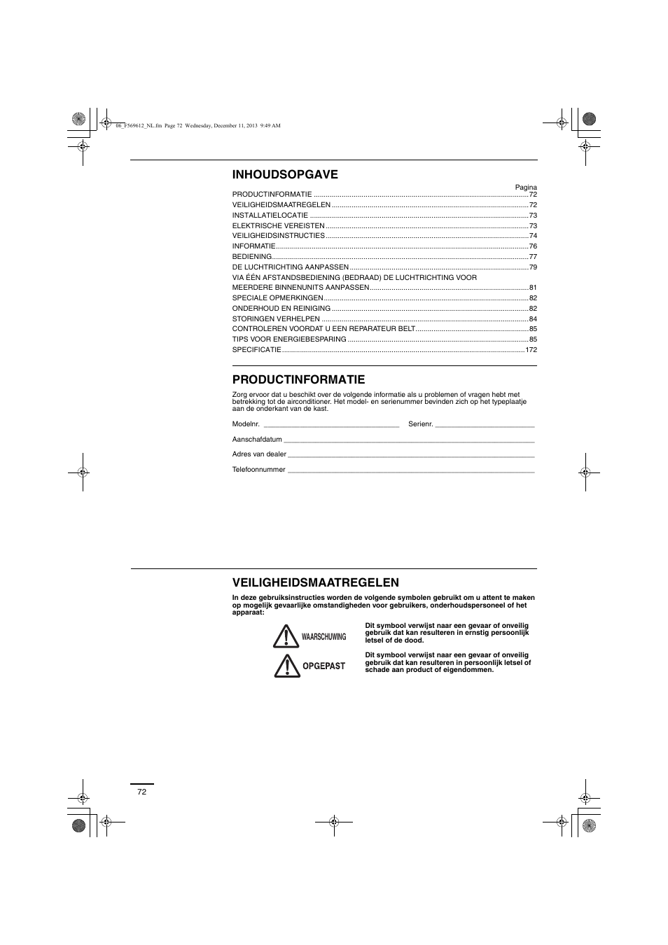 Inhoudsopgave, Productinformatie, Veiligheidsmaatregelen | Panasonic S28MY2E5A User Manual | Page 72 / 180