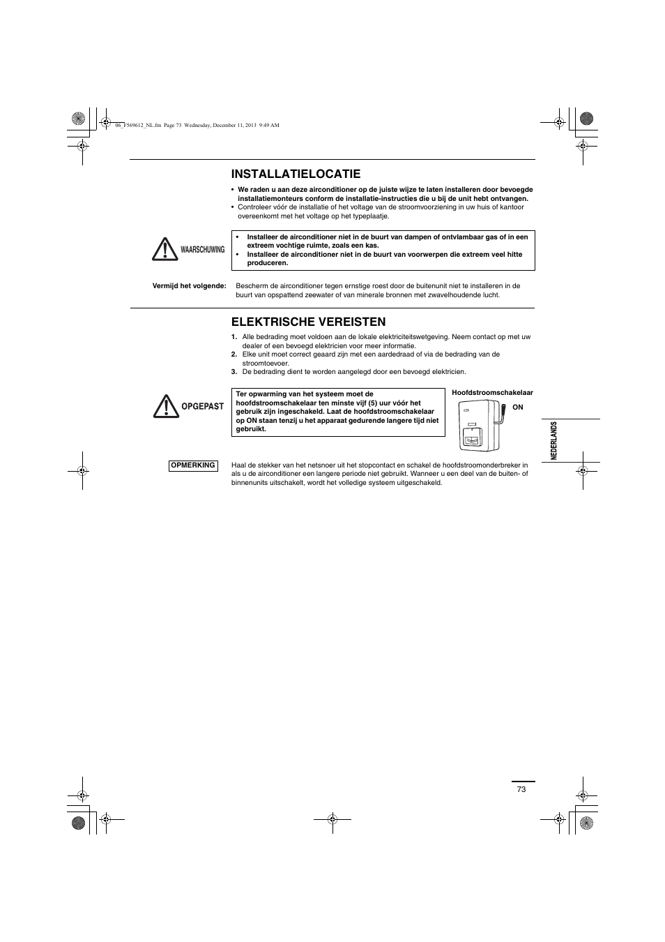 Installatielocatie, Elektrische vereisten | Panasonic S28MY2E5A User Manual | Page 73 / 180