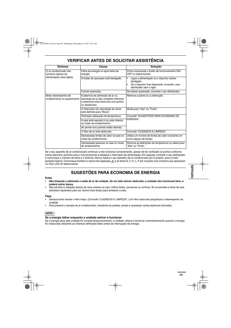 Verificar antes de solicitar assistência, Sugestões para economia de energia | Panasonic S28MY2E5A User Manual | Page 99 / 180