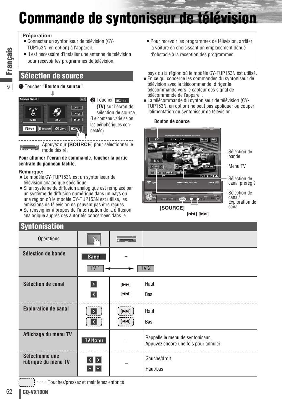 Commande de syntoniseur de télévision, Français, Syntonisation | Sélection de source, Cq-vx100n | Panasonic CQVX100N User Manual | Page 10 / 28