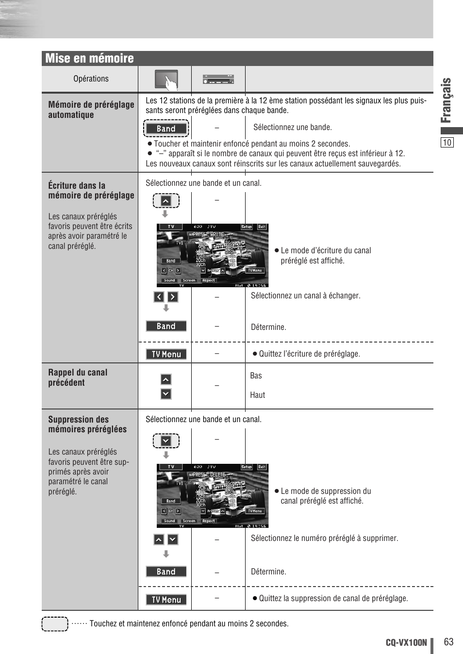 Français, Mise en mémoire | Panasonic CQVX100N User Manual | Page 11 / 28