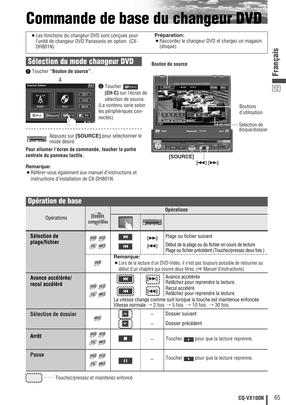 Commande de base du changeur dvd, Français, Sélection du mode changeur dvd | Opération de base, Cq-vx100n, Sélection de dossier, Arrêt, Pause, S ] [ d ] 12, Remarque | Panasonic CQVX100N User Manual | Page 13 / 28