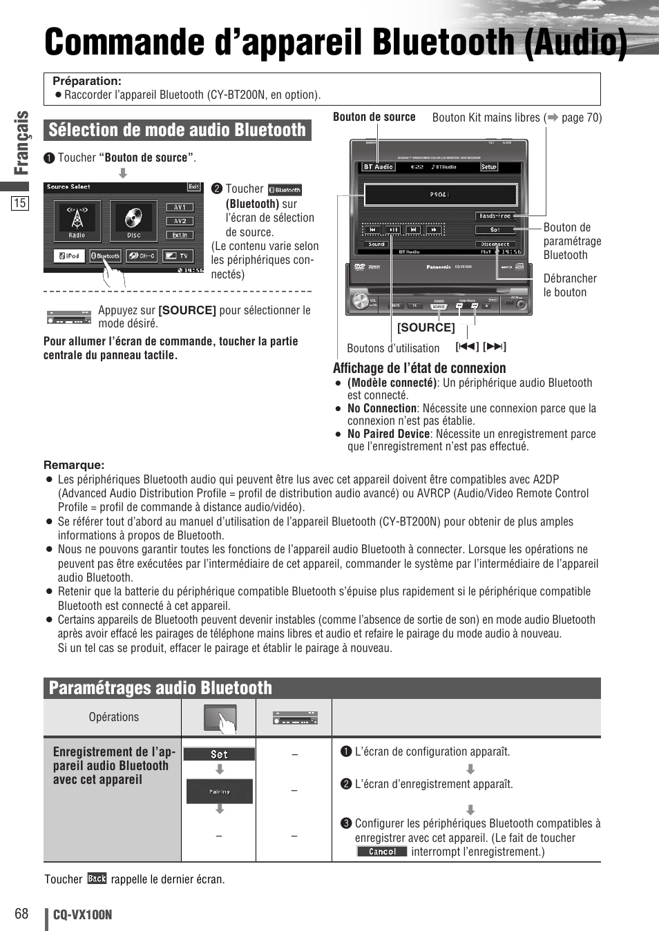 Commande d’appareil bluetooth (audio), Français, Sélection de mode audio bluetooth | Paramétrages audio bluetooth, Affichage de l’état de connexion, Cq-vx100n | Panasonic CQVX100N User Manual | Page 16 / 28