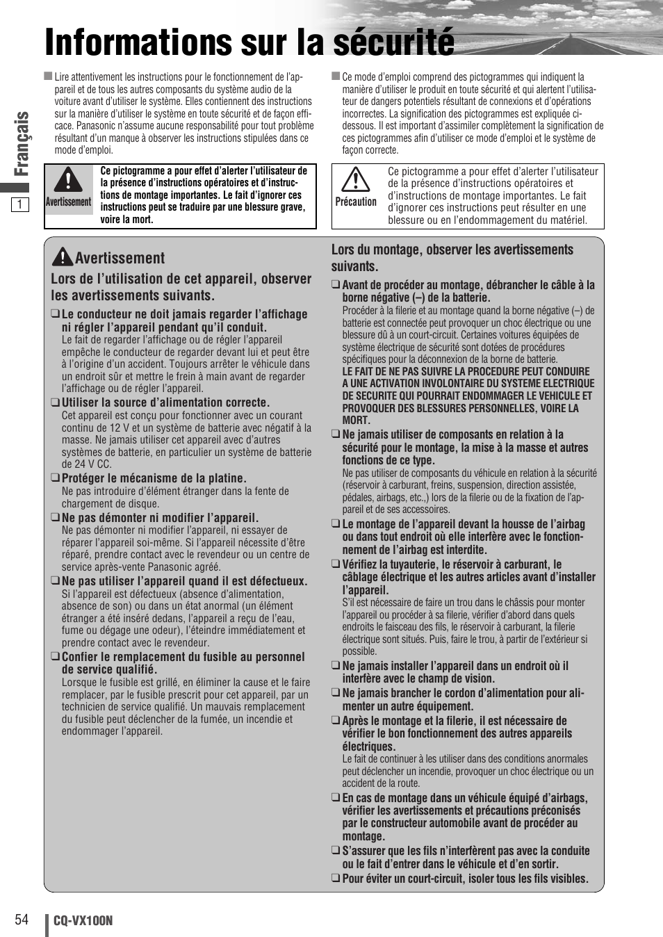 Informations sur la sécurité, Français, Avertissement | Panasonic CQVX100N User Manual | Page 2 / 28