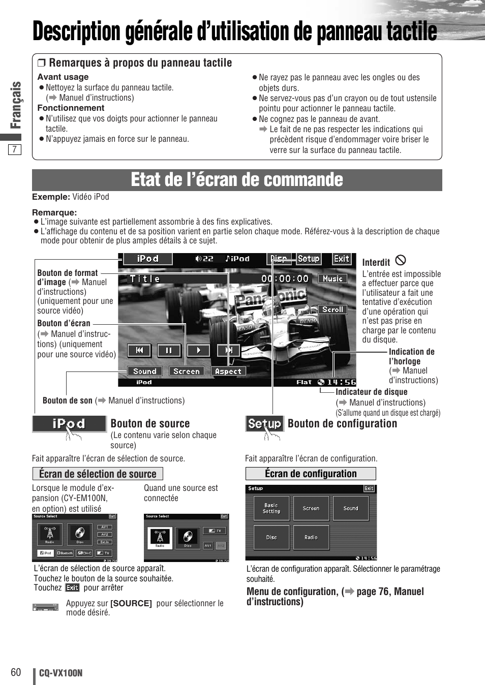 Etat de l’écran de commande, Français, Bouton de source bouton de configuration | Remarques à propos du panneau tactile | Panasonic CQVX100N User Manual | Page 8 / 28